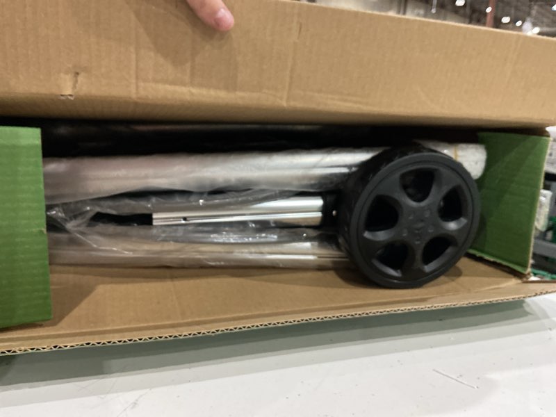 Condition photo showing As Is for garden hose reel cart, holds 75-150 feet of 5/8-inch hose, portable hose reel cart with wheels,adjustable handrail, quick hose connector original silver