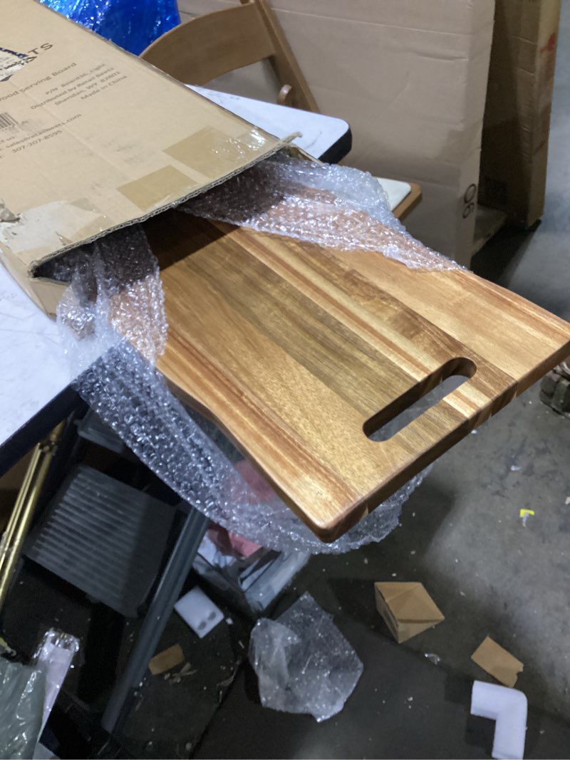 Condition photo showing Good Condition for large acacia serving board with handles, 36 x 12 inch rectangular charcuterie platter, natural wood server for meat, cheese board, and party appetizers, extra long 3ft, light