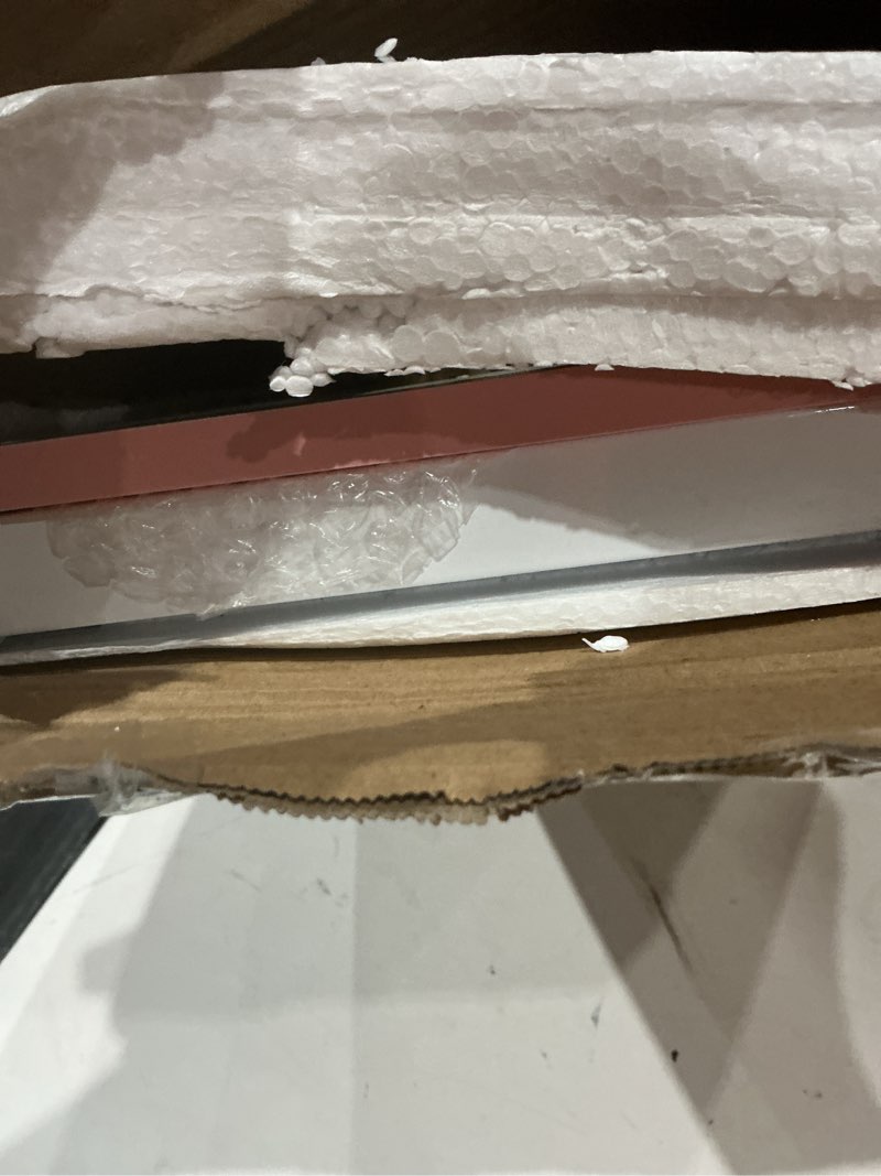 Condition photo showing As Is for (used)c shaped end table adjustable overbed bedside table with wheels rolling laptop tray desk cart portable mobile sit stand desk tilting hospital bed table (pink)