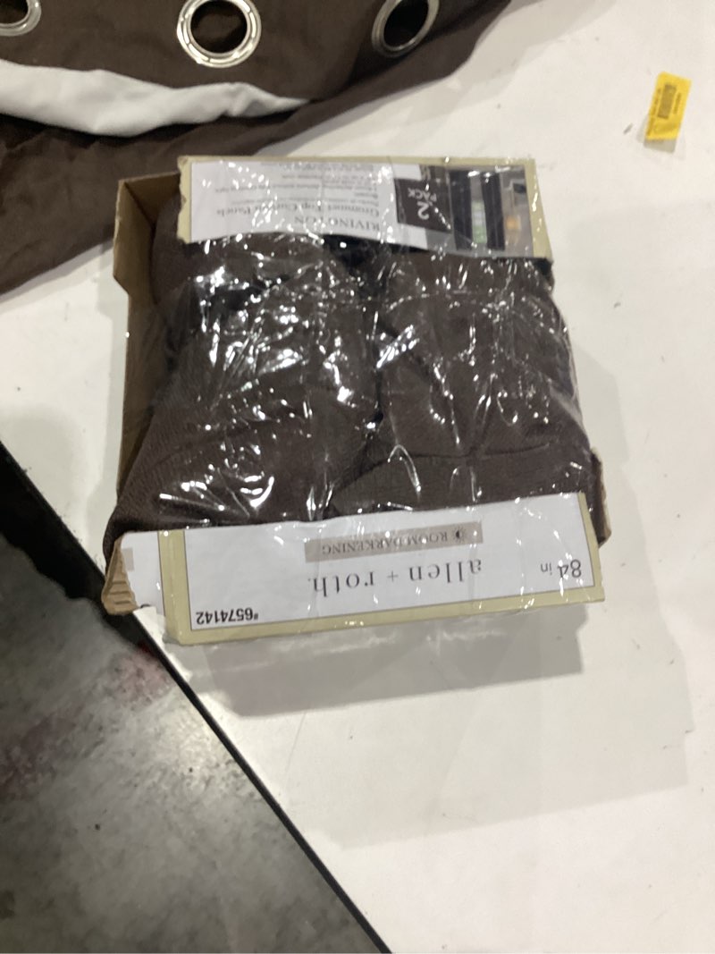 Condition photo showing As Is for allen + roth 84-in chocolate brown room darkening grommet curtain panel pair