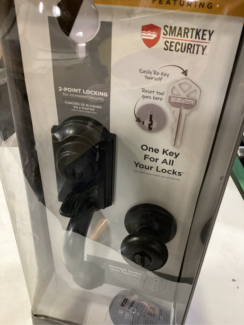 Condition photo showing As Is for kwikset montara venetian bronze single cylinder door handleset with juno entry door knob featuring smartkey security