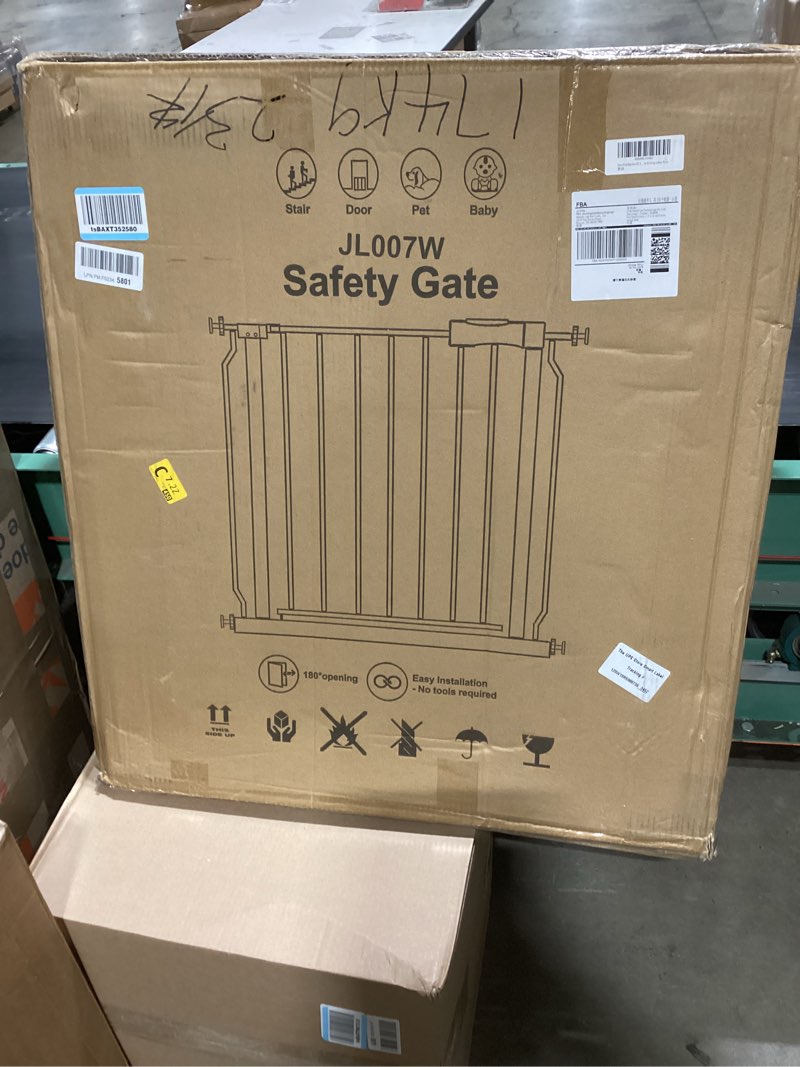 Condition photo showing New/Like New for extra wide baby gate 57.5-62.2 pressure mounted,child dog pet safety gates with walk through door for doorways stairs no drilling in door,white 57.5-62.2inch