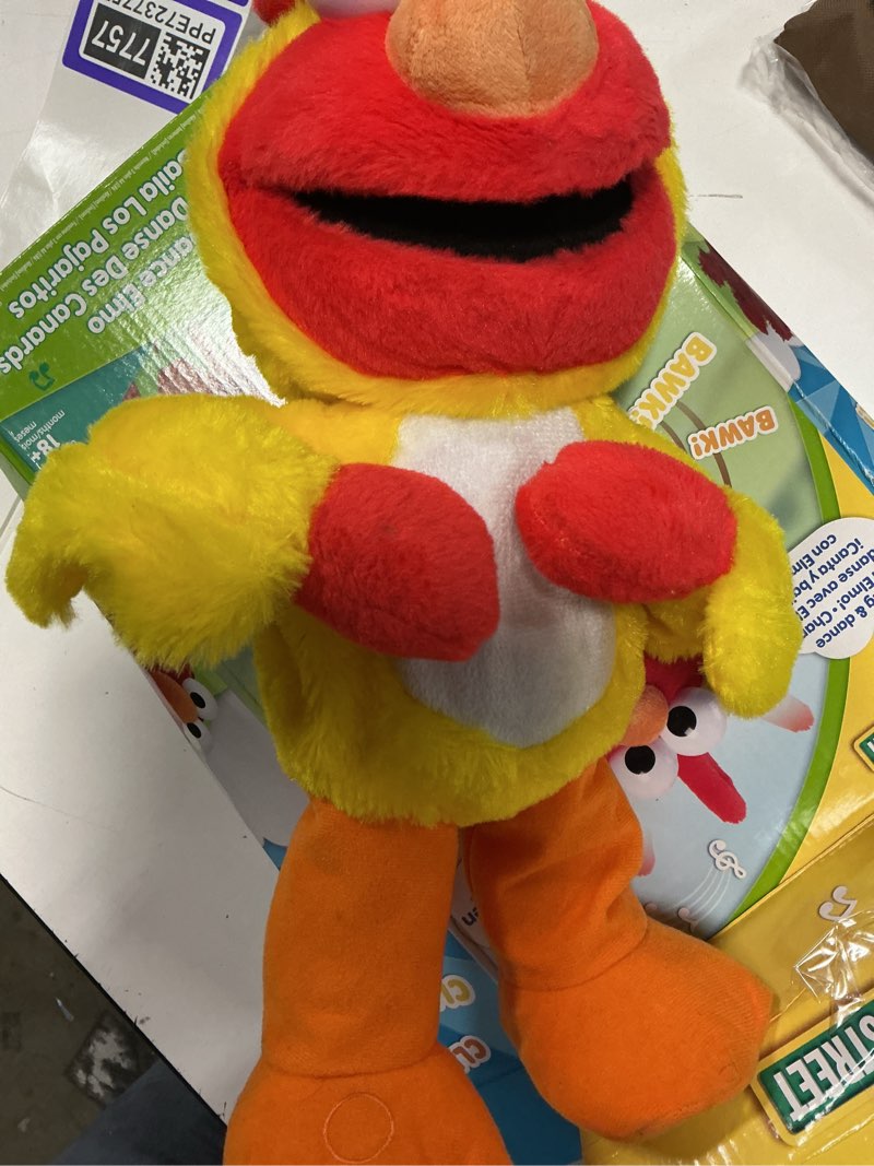 Condition photo showing As Is for sesame street chicken dance elmo feature 13 inch plush, dancing plush, stuffed animal, kids toys for ages 18 month by just play
