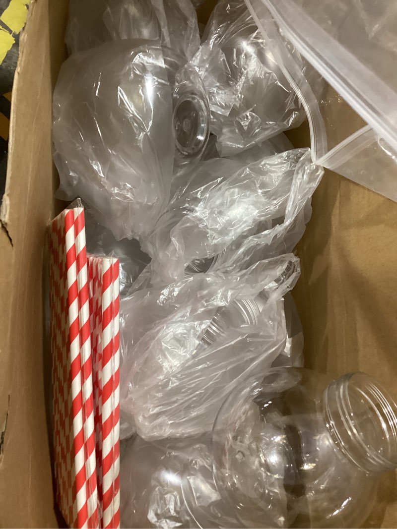 Condition photo showing Good Condition for Yaomiao 48 Packs 16 oz Plastic Fish Bowl Christmas Ornament Cups with Straw for Drinks Plastic Candy Jar Potion Bottles with Aluminum Hole Lids Clear Spherical Bowls Bulb Cups for Carnival Games