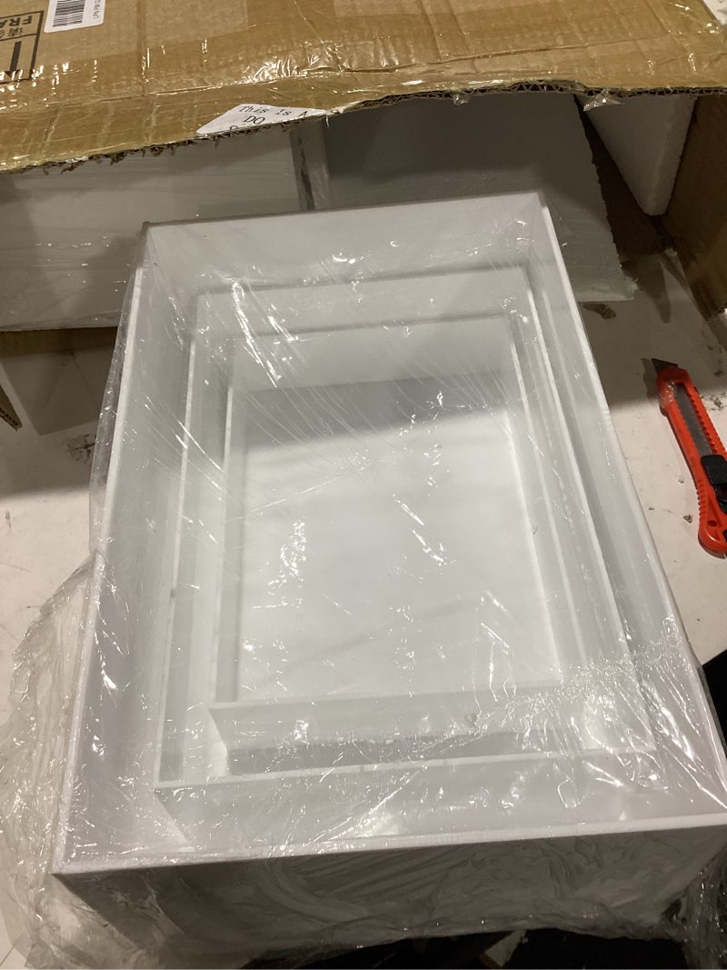 Condition photo showing As Is for 3 pack extra large acrylic buffet risers - 14”, 12”, 10” white display stands with hollow bottoms, cube riser boxes nesting for dessert food catering buffet display party supplies 14”,12”,10” white 3