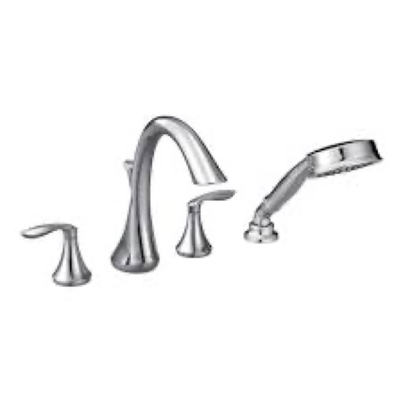 Moen Eva Chrome Two-Handle Deck Mount Roman Tub Faucet Trim Kit with Single Function Handshower, Val