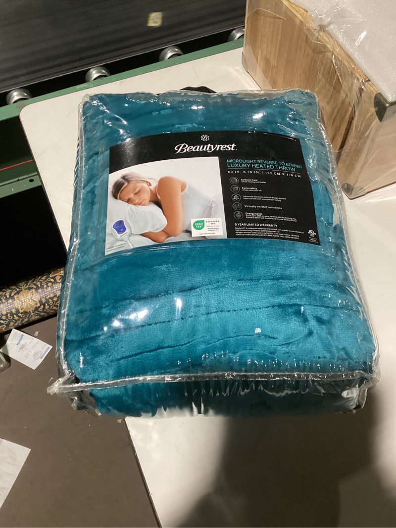 beautyrest heated electric blanket for cold weather, fast heating heated blanket, auto shut off, virtually zero emf, multi heat setting, ul certified, teal throw (60 inx70 in)