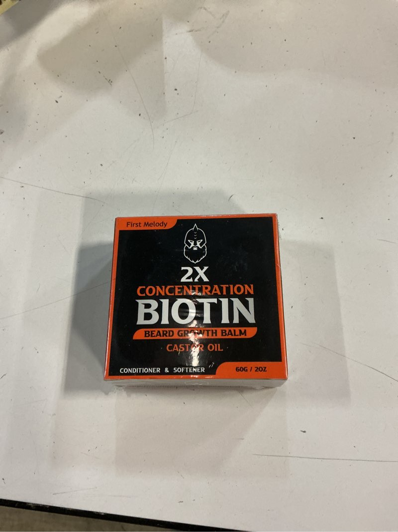 Condition photo showing New/Like New for first melody beard balm, 2x concentration biotin, with castor oil and argan & jojoba oils, promotes beard growth, styles, strengthens & softens beards & mustaches, 2 ounce vanilla