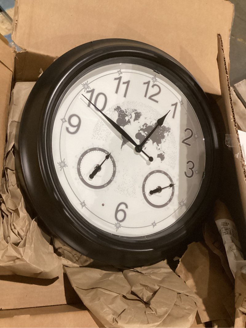 Condition photo showing Good Condition for pytha sight illuminated large indoor outdoor clock,18 inch smart night light sensor star world map outdoor clocks waterproof,outdoor wall clock with thermometer & hygrometer for patio, garden, pool oil rubbed bronze 18 inch