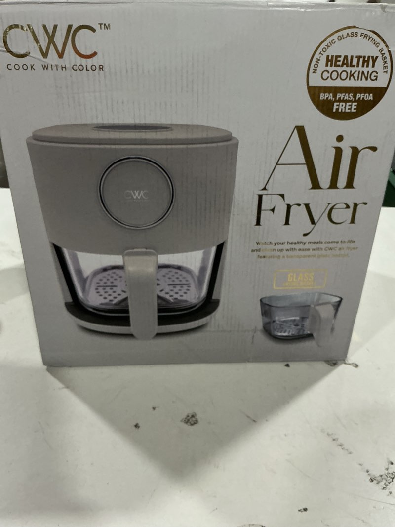 Condition photo showing As Is for COOK WITH COLOR Colorful 1200W 4Qt Air Fryer: Glass Basket, Dishwasher Safe, 60min Timer, 6 Presets,