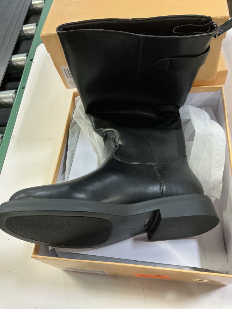 Condition photo showing New/Like New for women's knee high boots chunky heel square toe tall boots for women low heel back zipper boots size 8 black