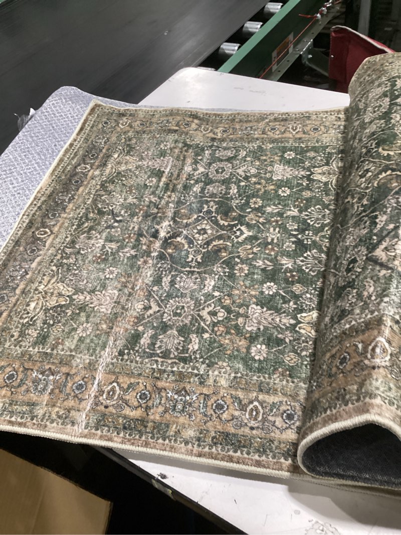 Condition photo showing As Is for 2x6 washable similar  to  green vintage runner rug for kitchen hallway non-slip low pile soft thin carpet traditional retro distressed accent throw rug for entryway bathroom indoor bedroom 2' x 6' (runner) green/beige