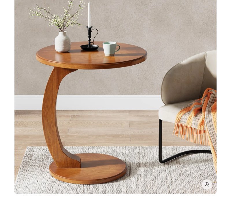 C-Shaped End Table, Round Solid Wood Side Table for Living Room