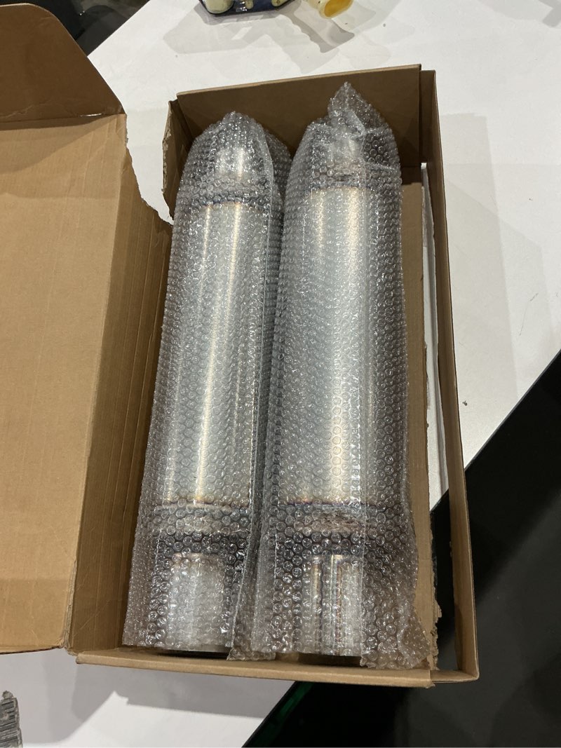 Condition photo showing Good Condition for lcgp 2.5" exhaust mufflers, 2.5'' inlet & outlet universal muffler, 20'' overall length stainless steel resonator straight through design exhaust tip(2.5" intet 2.5" outlet, 2 pack) 2pcs - 2.5" inlet 20" overall length(4.5" wide)