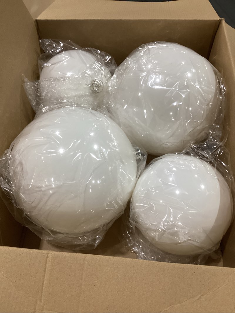Condition photo showing New/Like New for Soulchen 4 Pcs 8" 6" Extra Large White Christmas Balls Ornaments Oversized Plastic Hanging Xmas Tree Decorations Jumbo DIY Xmas Ball for Indoor Outdoor Lawn Yard Holiday Party