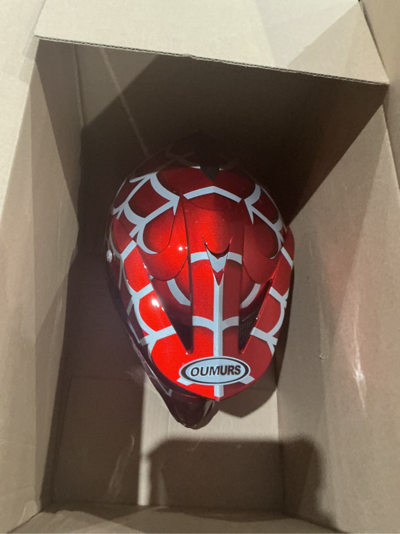 Condition photo showing As Is for incomplete youth dirt bike helmet dot certified for boys & girls ages 5-14, four wheeler, motocross, bmx, mx, utv, go kart, racing, skateboard, baseball blue cobweb small