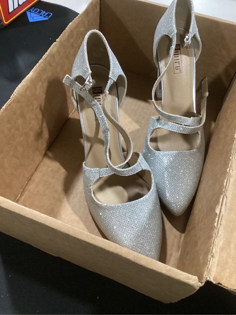 Condition photo showing Good Condition for (8.5) idifu women's in4 chunky high heels pumps closed toe block strappy heels pointed toe dress shoes for women prom wedding party office work formal 8.5 silver glitter