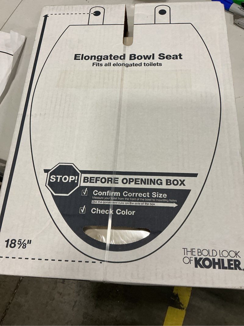 Condition photo showing New/Like New for kohler k-4774-47 brevia elongated toilet seat with quick-release hinges and quick-attach hardware for easy clean, almond elongated almond