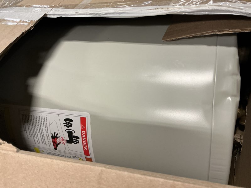 Condition photo showing As Is for vevor electric tank water heater, 12 gallon, 1600w point-of-use hot water heater with led display, knob control, side outlet, 120v storage design with t&p valve for small apartments & studios, gray