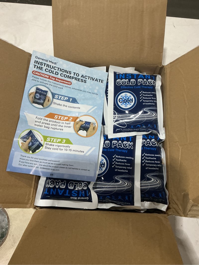 Condition photo showing New/Like New for general medi instant ice cold pack (4”x 5.5”) – 25 packs disposable cold therapy ice packs for pain relief, swelling, inflammation, sprains, toothache – for athletes & outdoor activities 25 count (pack of 1)