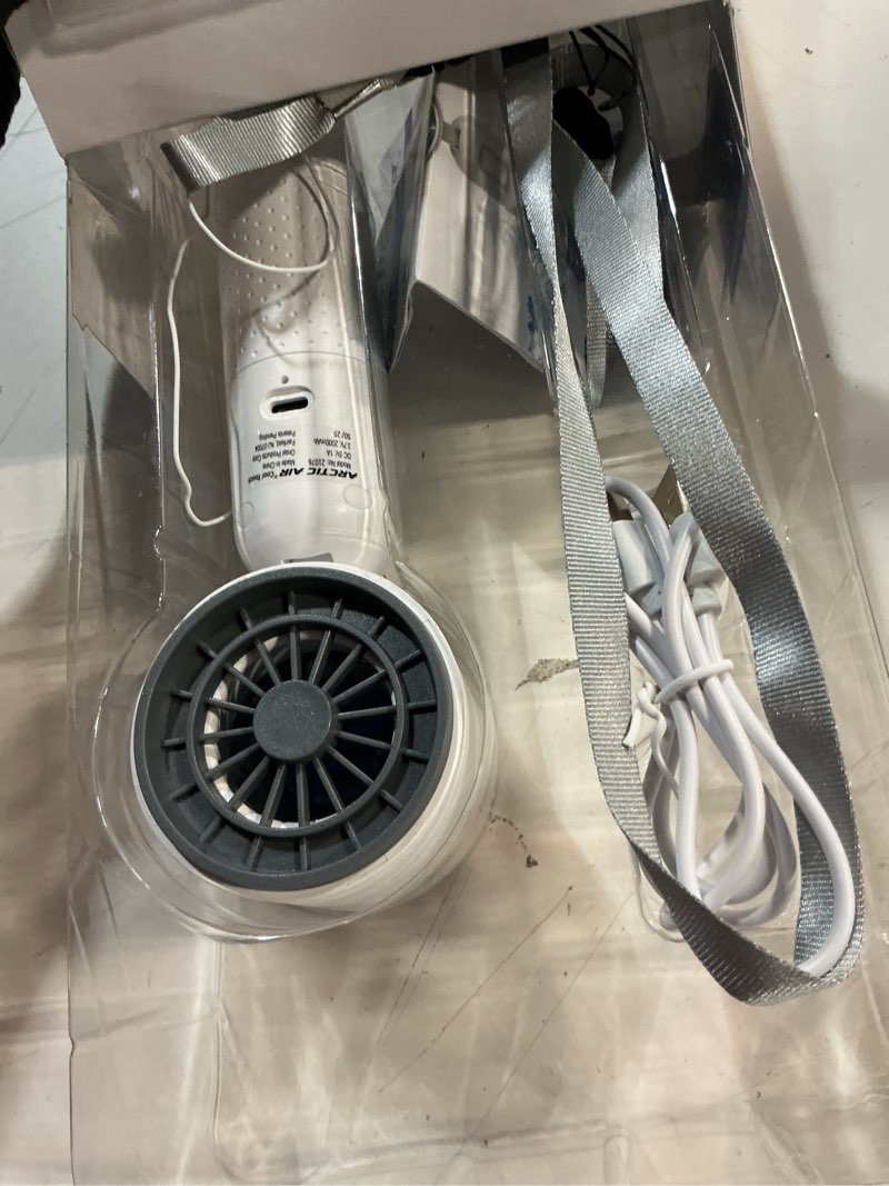 Condition photo showing As Is for arctic air cool touch - portable handheld fan, mini usb rechargeable, compact & lightweight, 4-speed adjustable, battery-powered, quiet & perfect for travel & outdoor, white color, aactfw-mc12/4