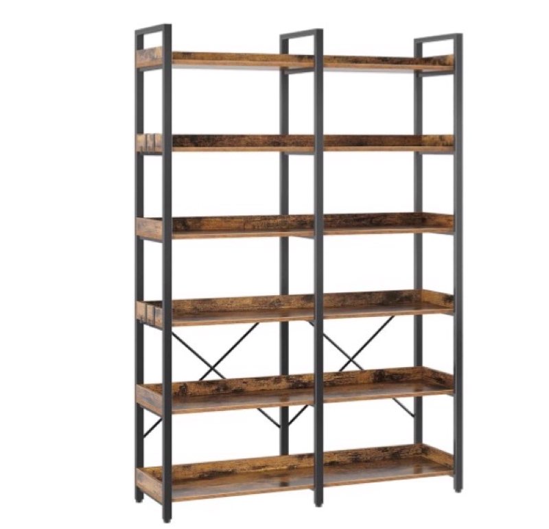  seventable bookshelf 6 tier with 4 hooks, 67” industrial wooden bookcase, vintage storage rack with open shelves, rustic standing bookshelves metal frame 43.3” wide display rack, rustic brown