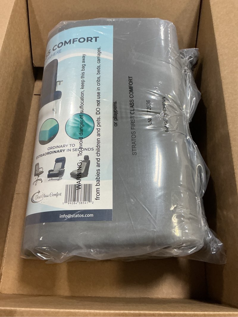 Condition photo showing New/Like New for stratos, pure cooling memory foam seat cushion, ergonomic support, portable for airplanes, office chairs, cars, and trains, pressure relief
