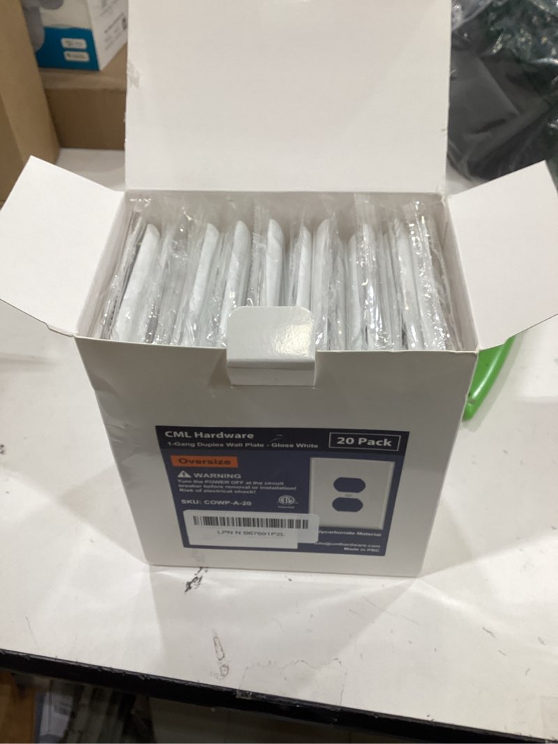 Condition photo showing New/Like New for CML Jumbo Duplex Outlet Covers, 20 Pack Oversized Electrical Outlet Wall Plate, 1-Gang Switch Plates, Dual Receptacle Faceplate, Over-Size 3.5” x 5.5”, Impact Resistant, Gloss White, ETL Listed 20 Over-Size Duplex