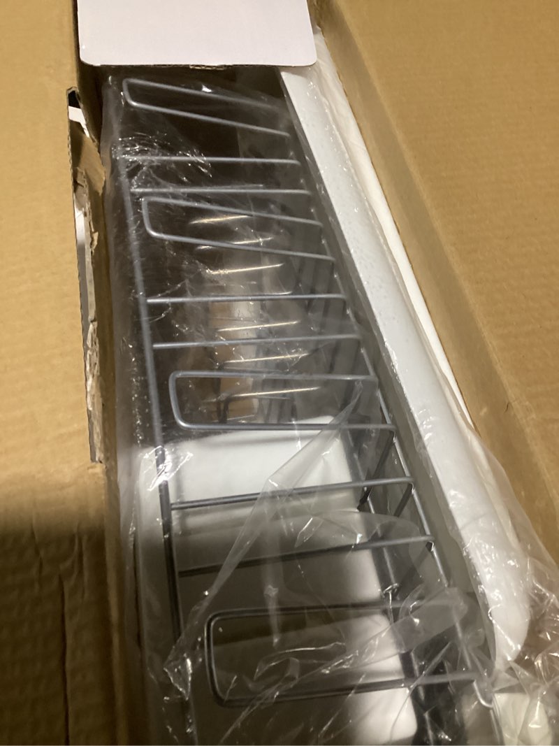 Condition photo showing New/Like New for Farberware Classic Large Rust Resistant Full Dishrack with Removable 3 Compartment Flatware Caddy, Andlged Drain Board, 3-Piece, White White Dish Rack Set