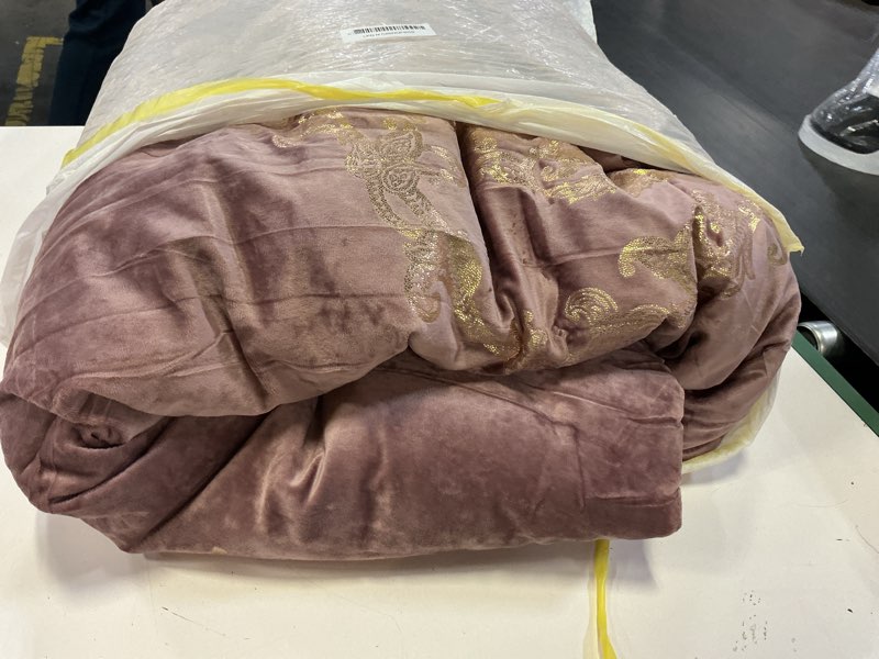 Condition photo showing Good Condition for sunshine nicole metallic print comforter set, distressed velvet face with metallic foil print and brushed solid microfiber reverse, with light weight soft poly fill, 3 pieces dusty mauve gold, queen dusty mauve gold queen