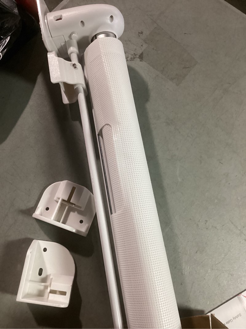 Condition photo showing As Is for no drill retractable baby gate for stairs - white baby gate 55 inches wide 34 inch tall, mesh retractable dog gate for stairs, doorways, hallways, deck, outdoor, indoor, kitchen, & porch white - no drill 34" tall x 55" wide