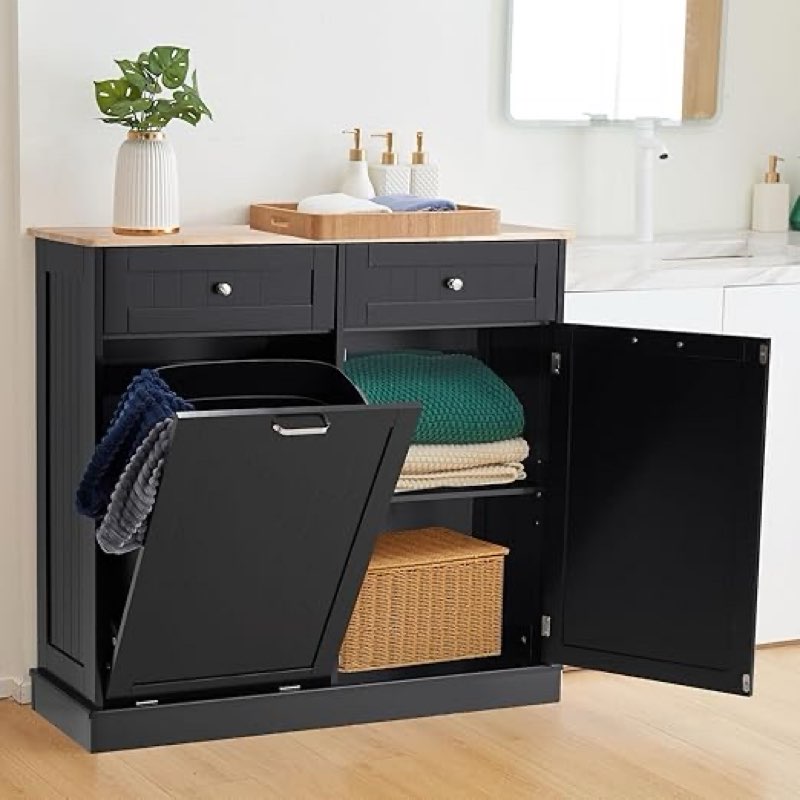 spurgehom 13 gallons tilt out trash cabinet kitchen waste bins modern kitchen trash cabinet with adjustable shelf and hideaway drawers, pet proof trash can holder for kitchen living room, black