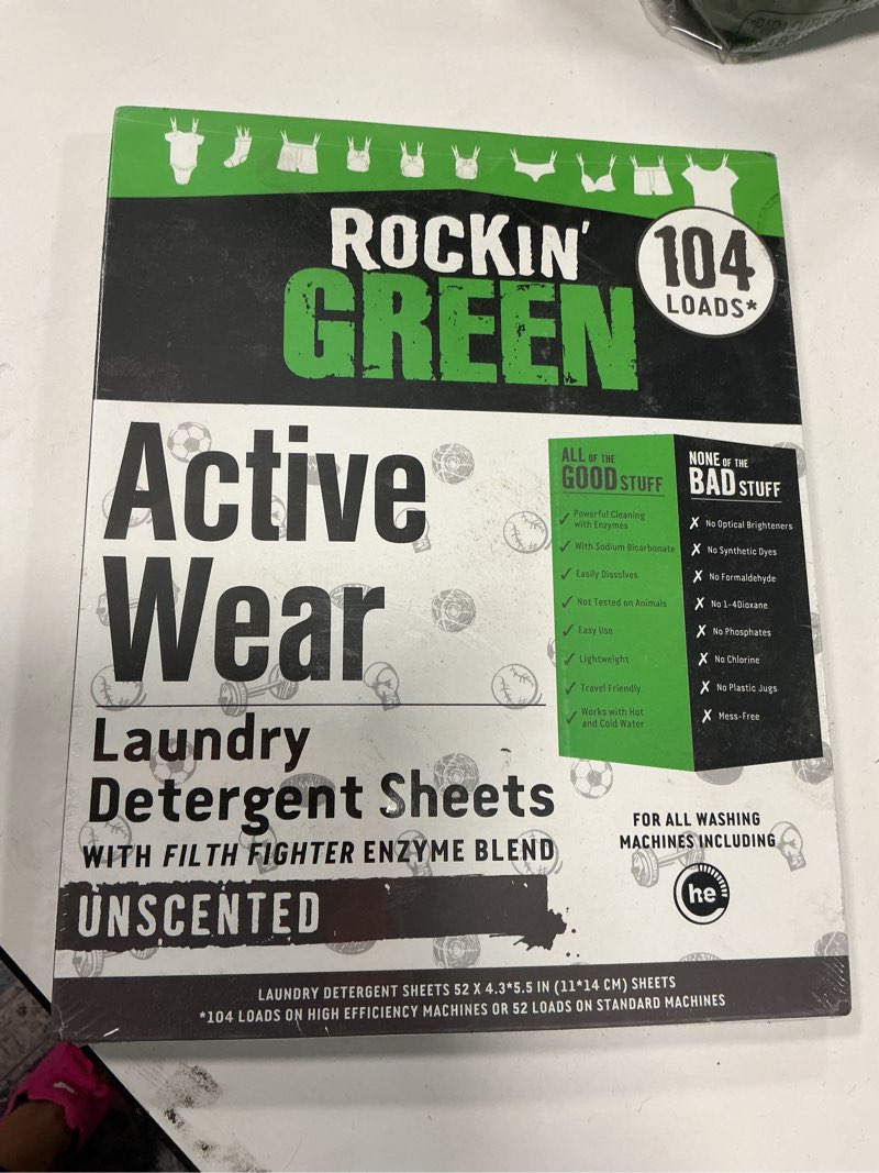 Condition photo showing Good Condition for Rockin' Green Active Wear Travel Laundry Detergent Sheets Unscented - Mess-Free Laundry Sheets Detergent with Sodium Bicarbonate - Easily Dissolvable Laundry Soap for Traveling (104 Loads) 104 Loads (Pack of 1) Active Wear - Unscented