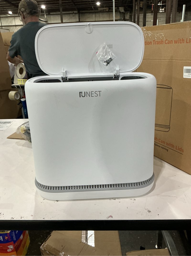 Condition photo showing Good Condition for funest Bathroom Trash Can, 3.3 Gallon Slim Trash Can with Lid, Adsorption Garbage Can with Press-Top Lid, Small White Narrow Plastic Trash Bin for Bathroom, Office, Bedroom, Living Room