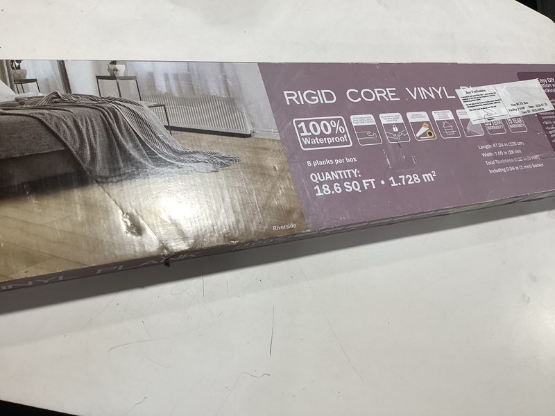 Condition photo showing Good Condition for luxury vinyl flooring tiles | peel and stick floor tile for diy installation | 8 wood look planks | barn | basecore | 18 sq. feet