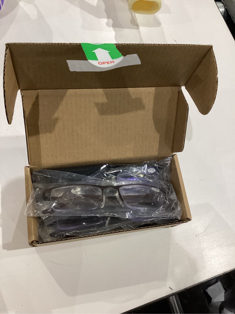 Condition photo showing Good Condition for jjwell 3 pack reading glasses for men blue light blocking, lightweight metal rectangle semi rimless readers for men, anti eyestrain/uv, half frame spring hinge eyeglasses with pouches 200 black gunmetal brown 2 x