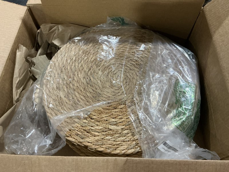 Condition photo showing Good Condition for Round Woven Placemats 13 Inch Set of 10 - Boho Rattan Placemat Natural Water Hyacinth Placemats, Farmhouse Weave Place Mats, Rustic Braided Wicker Table Mats for Dining Table,Home,Wedding