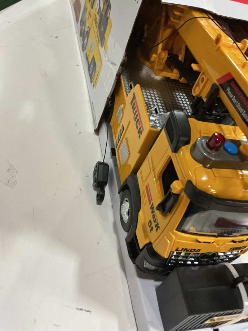 Condition photo showing Good Condition for mobile crane tow truck toy for logging farm port shipyard building bridge construction vehicles engine machine city gravity lifting arm kids boys age 3-5 4-7 years old christmas birthday easter gifts yellow truck crane
