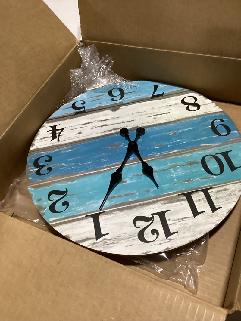 Condition photo showing Good Condition for CHYLIN 16 Inch Wall Clock, Large Outdoor Clocks for Patio, Pool Beach House Decor Tropical Clocks for Walls, Nautical Coastal Themed Blue Clock for Lake House, Bathroom, Living Room, Kitchen (16") 16 INCH A-blue,white