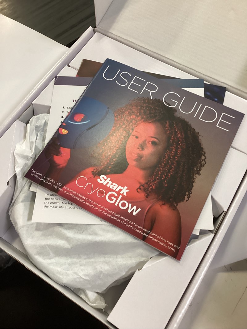 Condition photo showing New/Like New for shark cryoglow led face mask with under-eye cooling, anti-ageing & blemish repair, red & blue led, infrared light therapy, usb-c, remote control, storage bag, blue frost, fw312