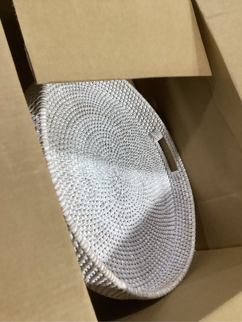 Condition photo showing Good Condition for Coffee Table Tray Round Rattan Ottoman Tray Woven Serving Trays with Handles for Home and Kitchen Decorative Whitewash (Large 16.9 inch) 16.9" Whitewash