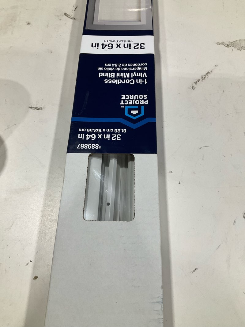 Condition photo showing As Is for project source light filtering 1-in slat width 32-in x 64-in cordless white vinyl light filtering mini-blinds