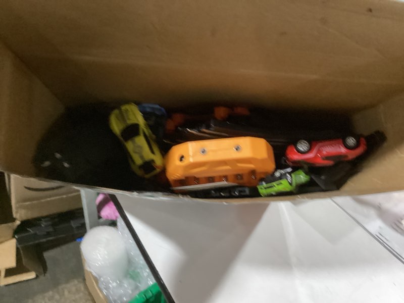 Condition photo showing As Is for slot-car-race-track-sets for boys kids, battery or electric race car track with 4 high-speed slot cars, dual racing game 2 hand controllers circular overpass track, toys gifts for 6-8 8-12 boys girls black