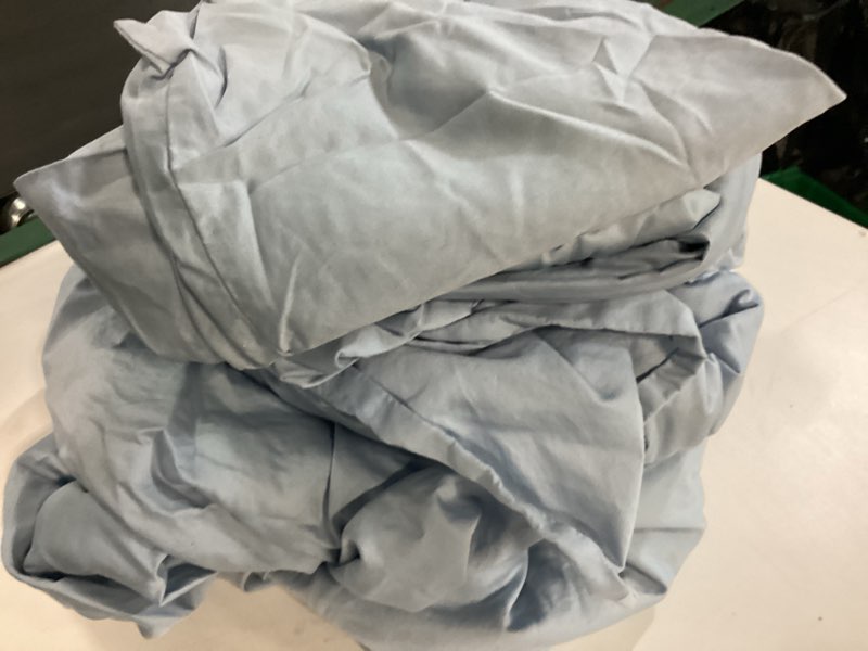 Condition photo showing As Is for TEXAS LINEN CO. 100% Egyptian Cotton Queen Sheets Set - Luxury 1200 Thread Count Egyptian Cotton Sheets Queen Size, 17" Deep Pocket, Soft, Cooling Sateen Weave Hotel Quality Bedding Set - Light Blue Queen Light Blue
