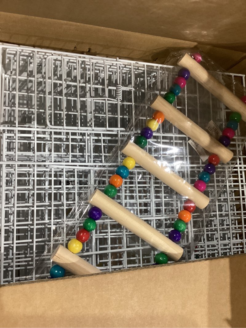 Condition photo showing Good Condition for basic bird cage, 24.8inch parrot cage (24.8" x 14.6" x 11"),bird cage with ladder, horizontal bar, 2 feeders, and swing