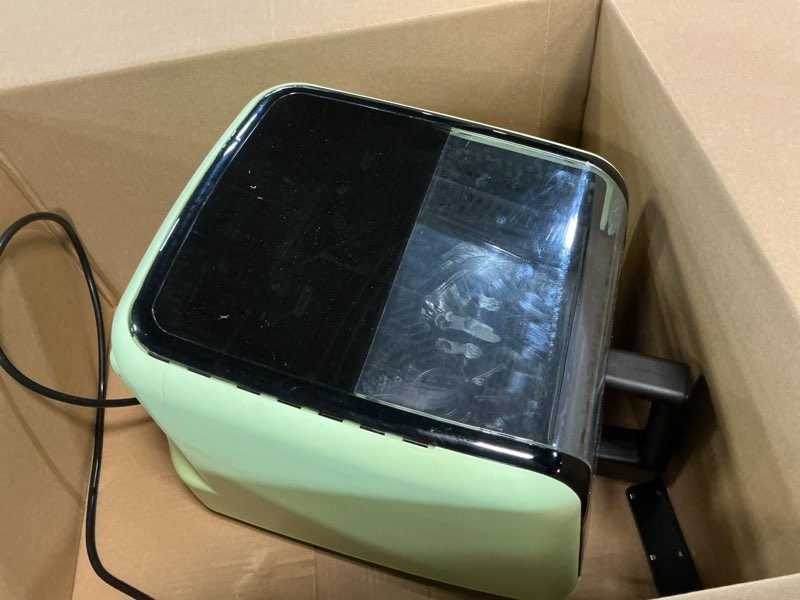 Condition photo showing As Is for Gourmia Air Fryer 7 QT - Easy View Panoramic Window & Interior Light, Guided Cooking with 12 One-Touch Presets, FryForce 360, Dishwasher Safe Accessories, Green