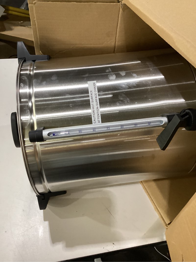 Condition photo showing As Is for sybo sr-cp-100b commercial grade stainless steel percolate coffee maker hot water urn for catering, 100-cup 16 l, metallic 16l metallic, not tested