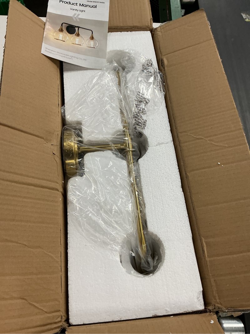 Condition photo showing New/Like New for brushed gold bathroom light fixtures 3-lights vanity lights with milky white frosted glass shade bathroom vanity light 22.4 inch wall sconce lighting bath(exclude e26 bulb) gold & milky white 3 light with milky white globe
