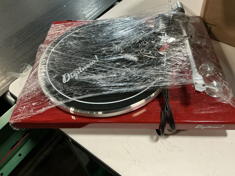 Condition photo showing As Is for belt drive turntable for vinyl record player,connect with bluetooth speakers or active speaker,built-in phono pre-amp,usb digital output, magnetic cartridge,high-gloss wood design(red)