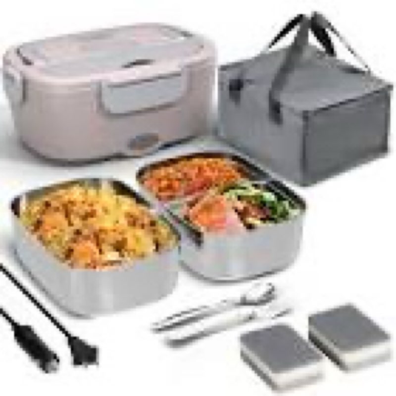 sitlais electric lunch box for adults 80w fast heating, 1.5l portable food warmer with 2 stainless s
